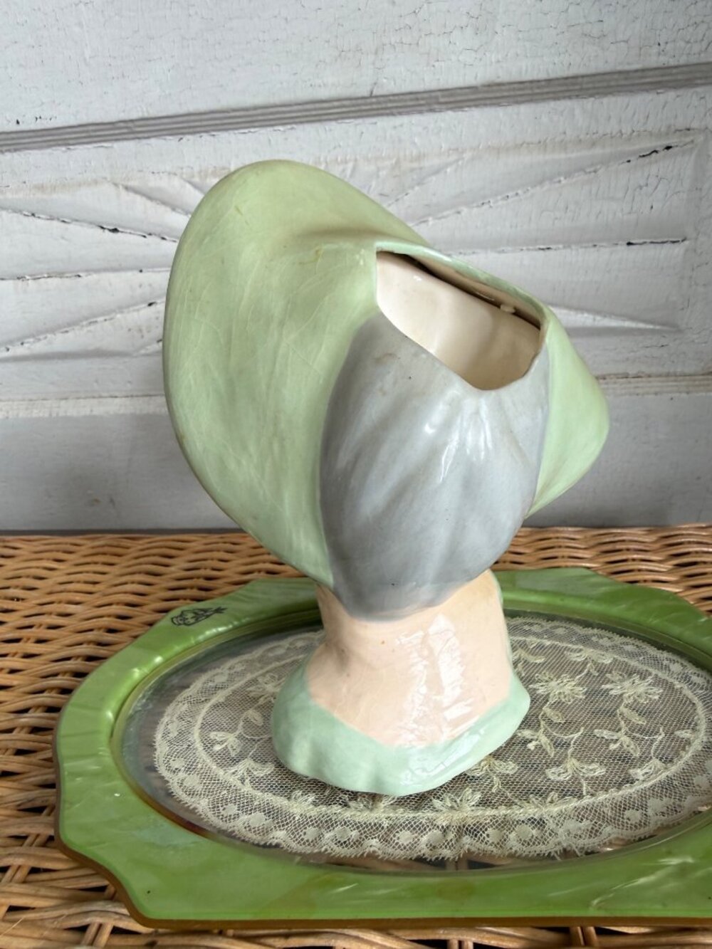 Vintage 1950s Glamour Girl Vase Head Planter Green Hat Retro MOD - Picture 6 of 13